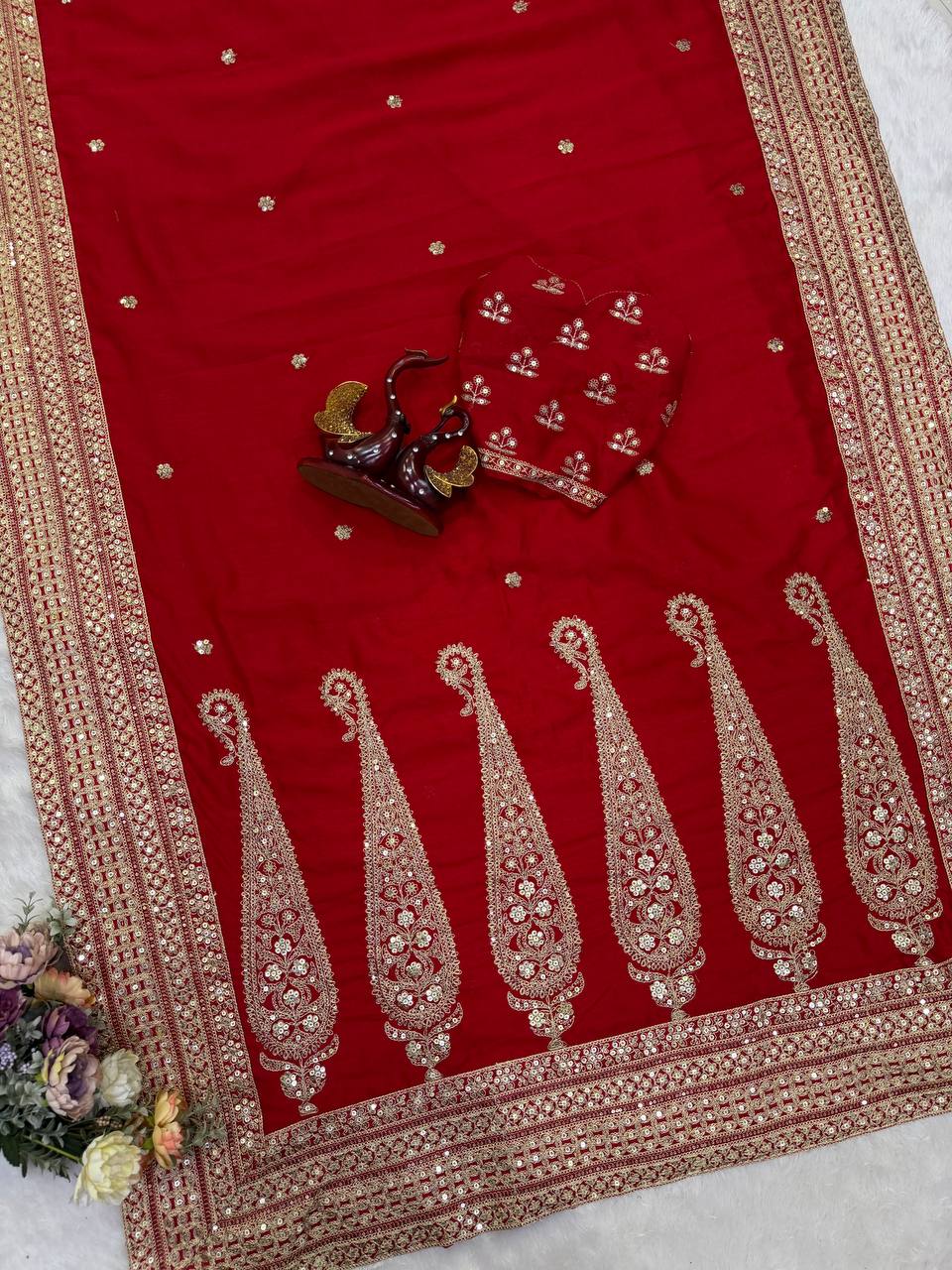 Luxury Blooming Vichitra Silk Red Saree with Sequins &amp; Dori Embroidery | Designer Embroidered Blouse