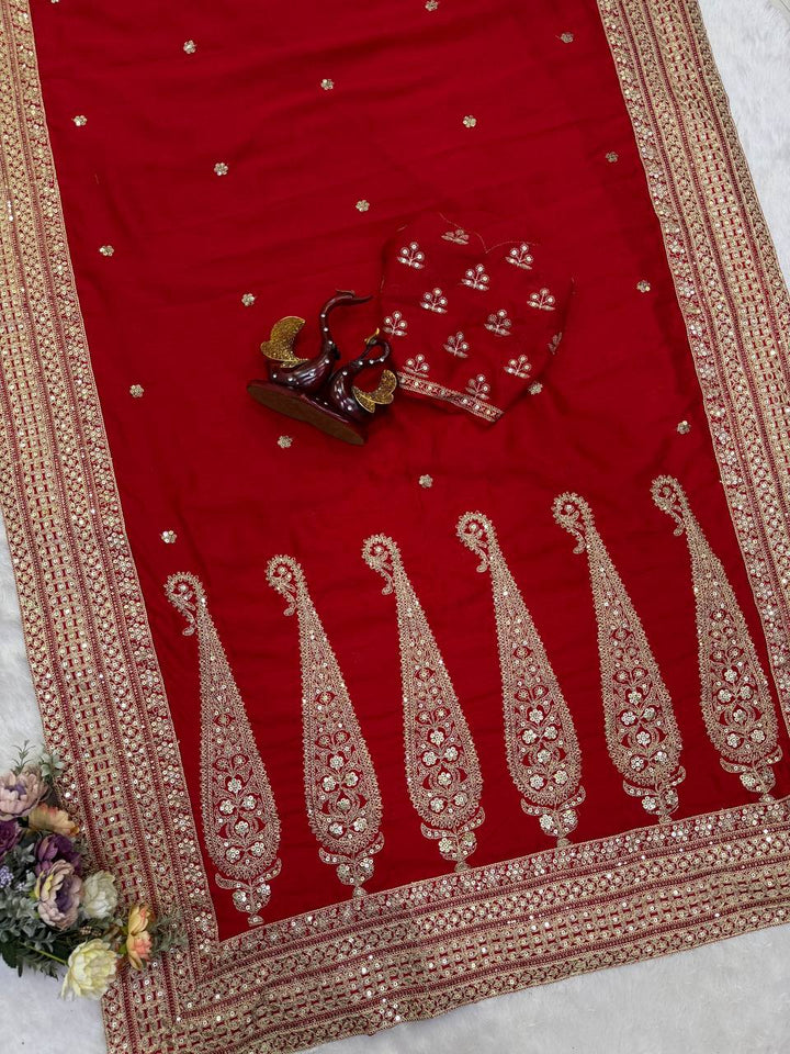 Luxury Blooming Vichitra Silk Red Saree with Sequins &amp; Dori Embroidery | Designer Embroidered Blouse