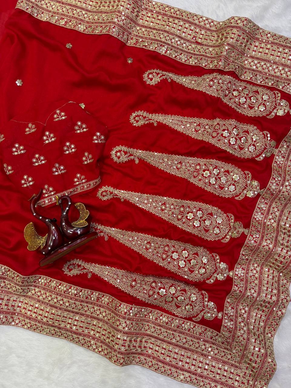 Luxury Blooming Vichitra Silk Red Saree with Sequins &amp; Dori Embroidery | Designer Embroidered Blouse