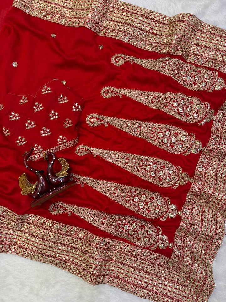 Luxury Blooming Vichitra Silk Red Saree with Sequins &amp; Dori Embroidery | Designer Embroidered Blouse