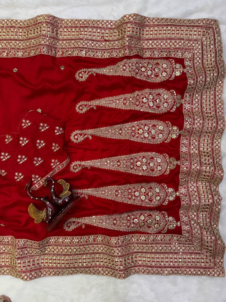 Luxury Blooming Vichitra Silk Red Saree with Sequins &amp; Dori Embroidery | Designer Embroidered Blouse
