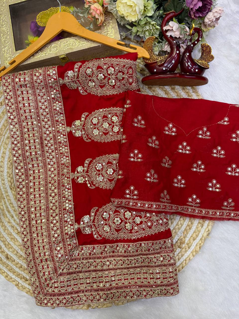 Luxury Blooming Vichitra Silk Red Saree with Sequins &amp; Dori Embroidery | Designer Embroidered Blouse