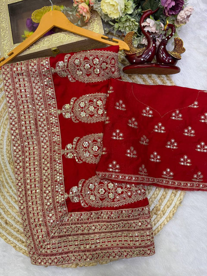 Luxury Blooming Vichitra Silk Red Saree with Sequins &amp; Dori Embroidery | Designer Embroidered Blouse