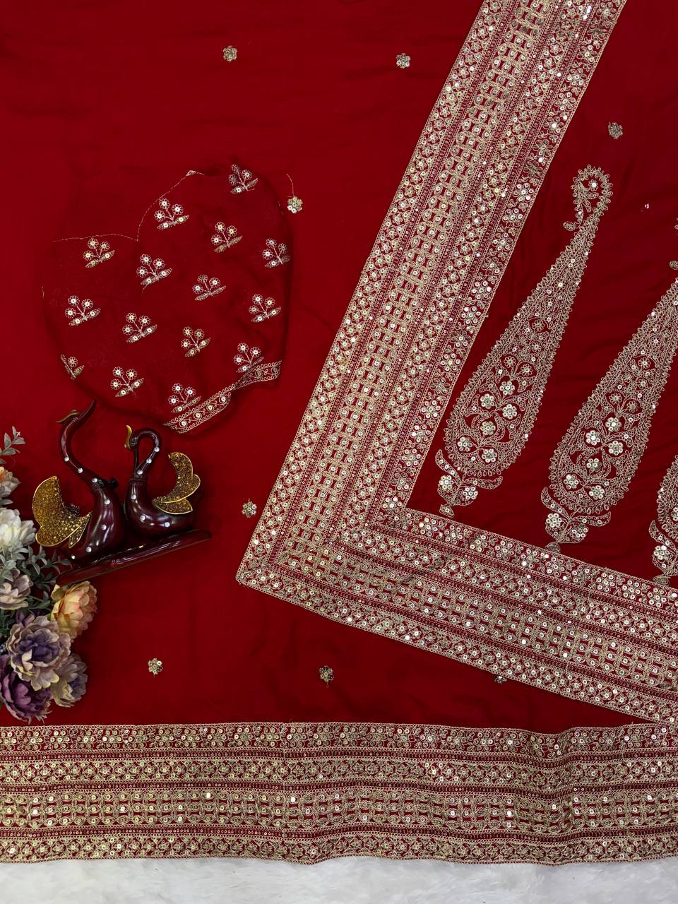 Luxury Blooming Vichitra Silk Red Saree with Sequins &amp; Dori Embroidery | Designer Embroidered Blouse