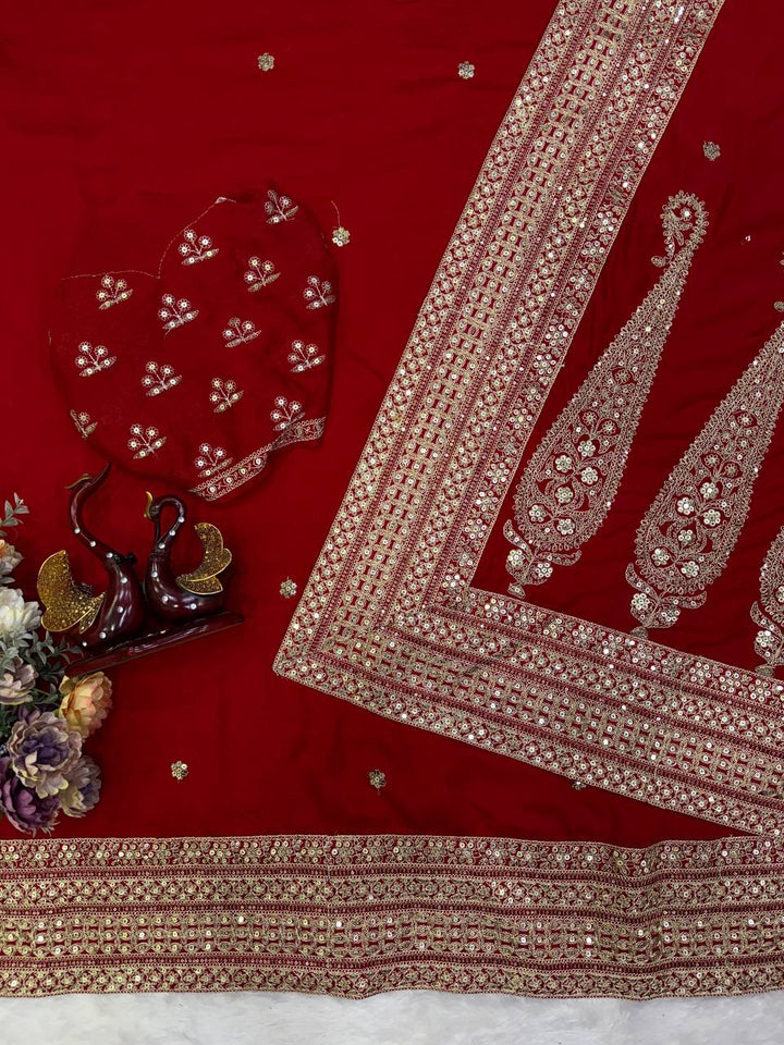 Luxury Blooming Vichitra Silk Red Saree with Sequins &amp; Dori Embroidery | Designer Embroidered Blouse