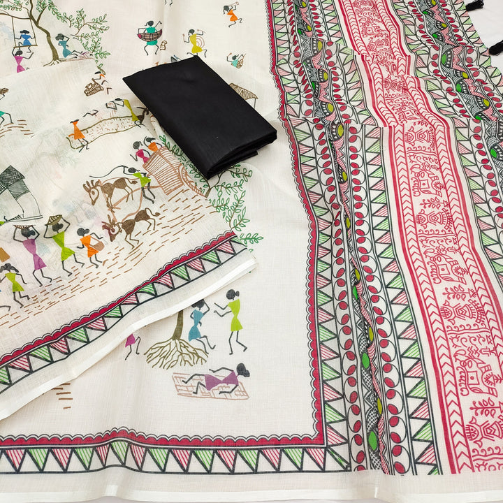 Elegant Warli Art Soft Linen Cotton Saree with Designer Border &amp; Tassel Pallu