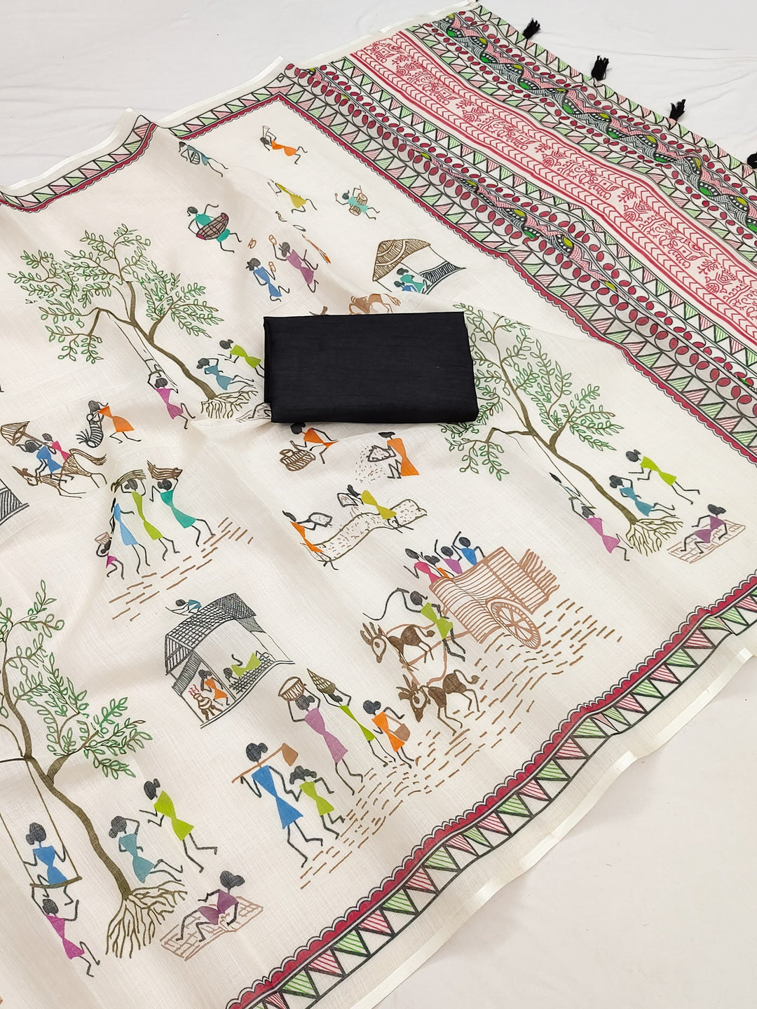 Elegant Warli Art Soft Linen Cotton Saree with Designer Border &amp; Tassel Pallu