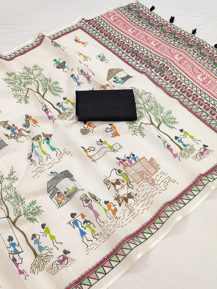 Elegant Warli Art Soft Linen Cotton Saree with Designer Border &amp; Tassel Pallu