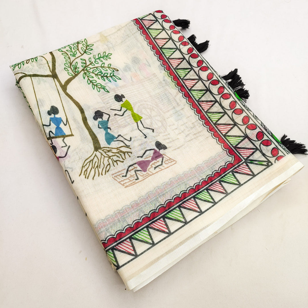 Elegant Warli Art Soft Linen Cotton Saree with Designer Border &amp; Tassel Pallu