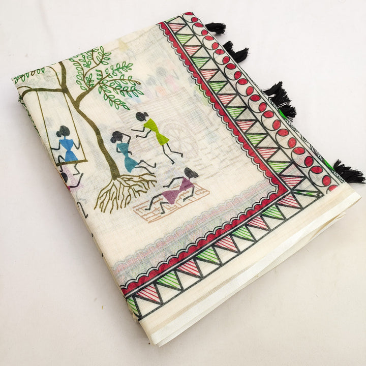 Elegant Warli Art Soft Linen Cotton Saree with Designer Border &amp; Tassel Pallu