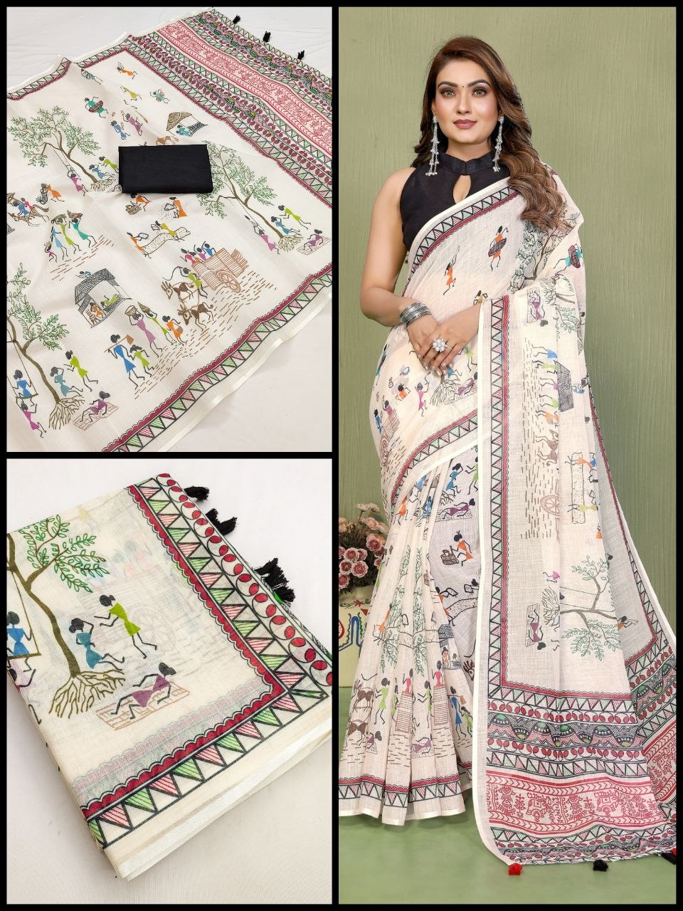 Elegant Warli Art Soft Linen Cotton Saree with Designer Border &amp; Tassel Pallu