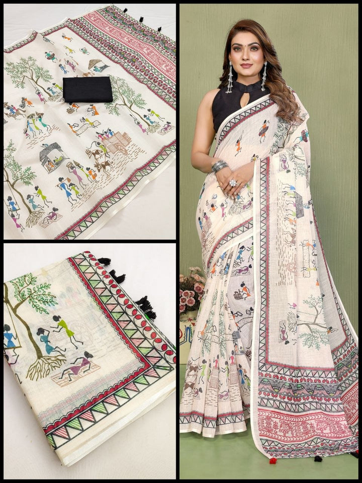 Elegant Warli Art Soft Linen Cotton Saree with Designer Border &amp; Tassel Pallu