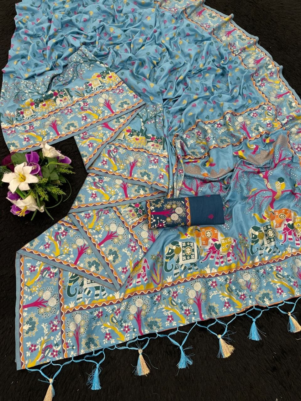 Soft Silk Saree With Paithani Border &amp; Pashmina Weaving - SKY BLUE