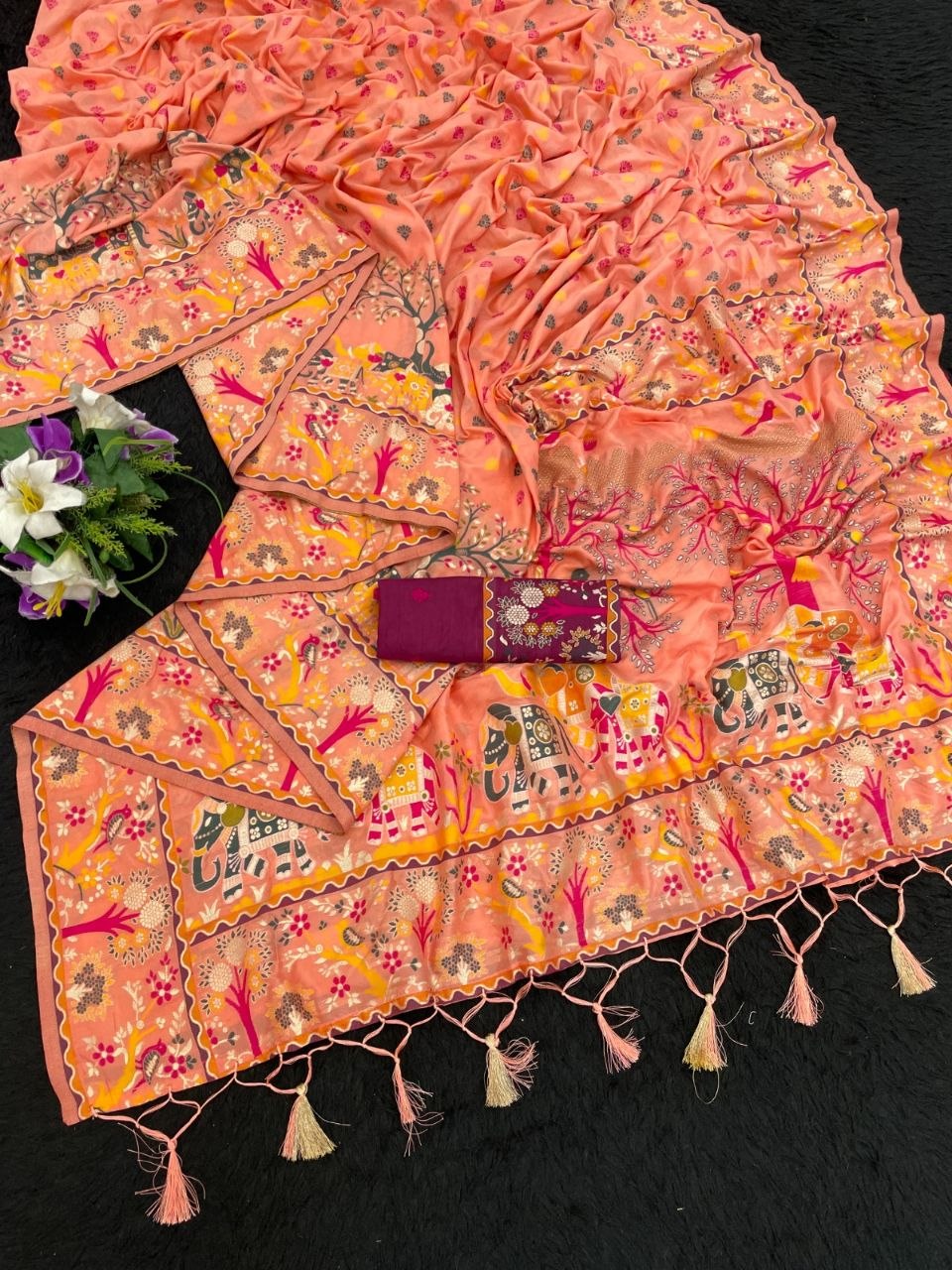 Soft Silk Saree With Paithani Border &amp; Pashmina Weaving - ORANGE
