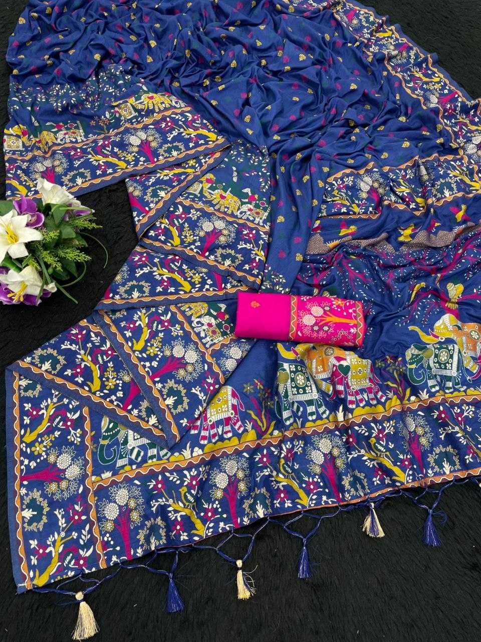Soft Silk Saree With Paithani Border &amp; Pashmina Weaving - BLUE