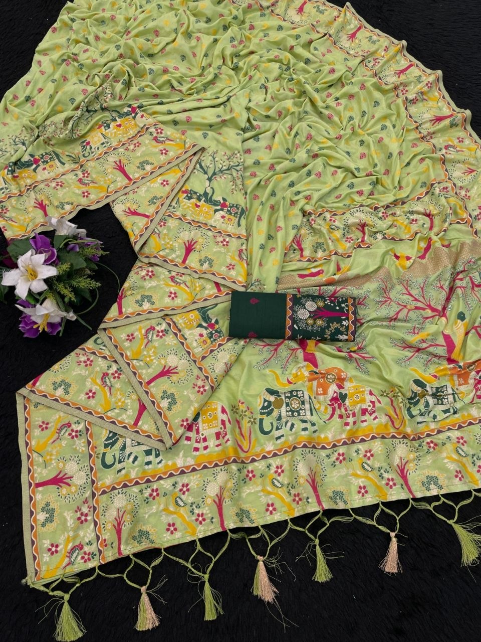 Soft Silk Saree With Paithani Border &amp; Pashmina Weaving - PARROT