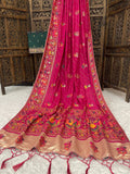 ✨ Elegant Soft Silk Pink Saree with Pashmina Work & Contrast Blouse ✨
