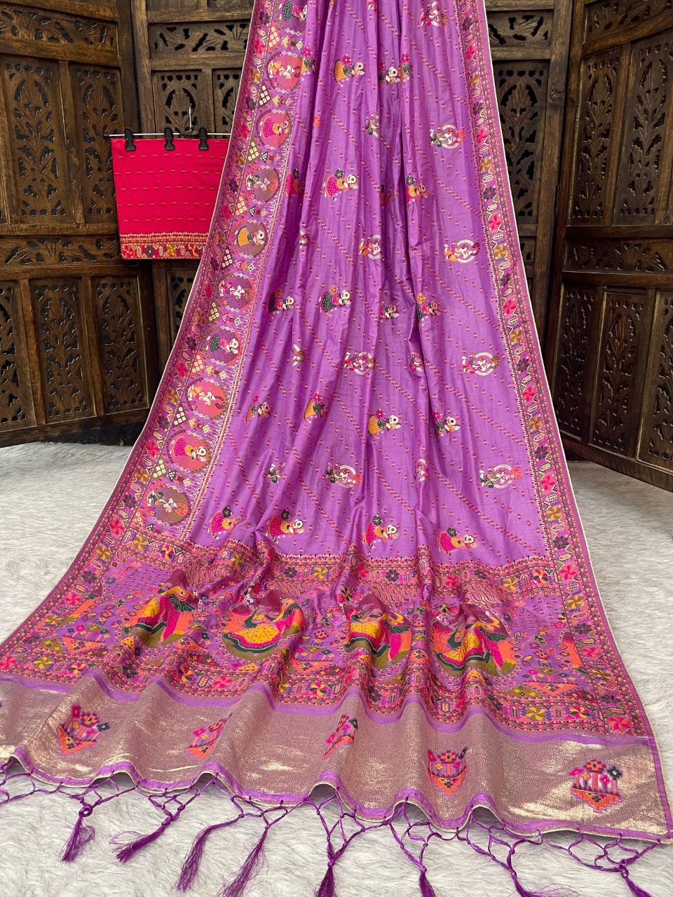 ✨ Elegant Soft Silk Light purple Saree with Pashmina Work &amp; Contrast Blouse ✨