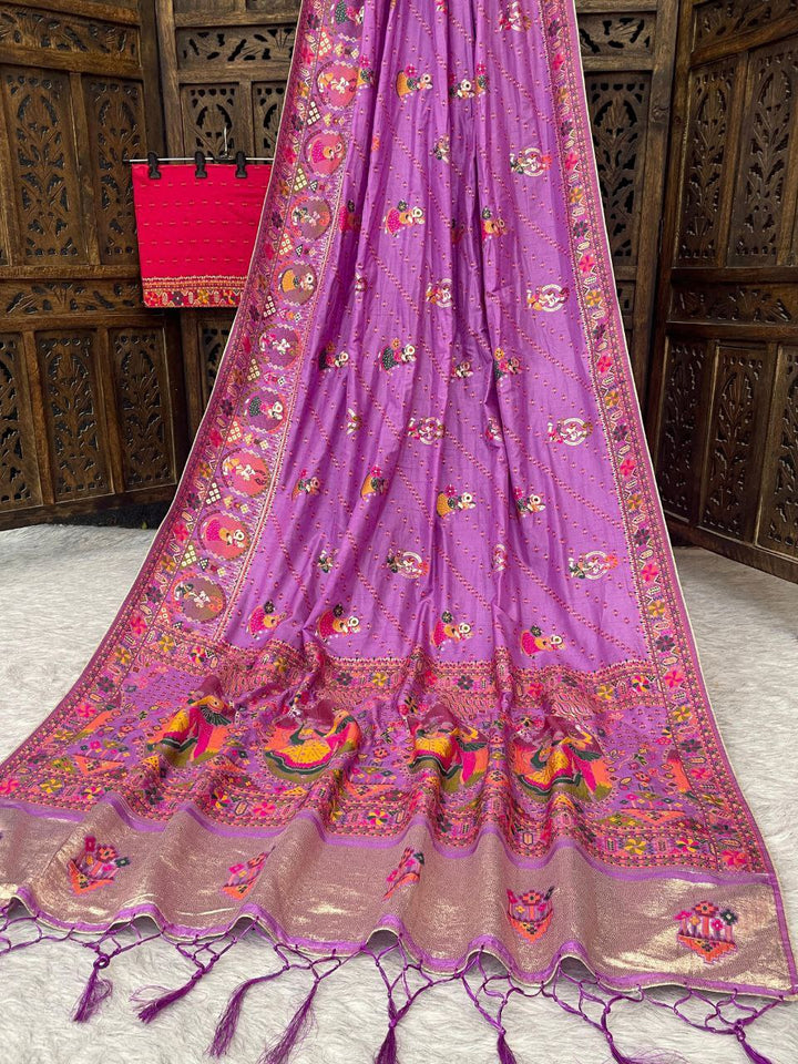 ✨ Elegant Soft Silk Light purple Saree with Pashmina Work &amp; Contrast Blouse ✨