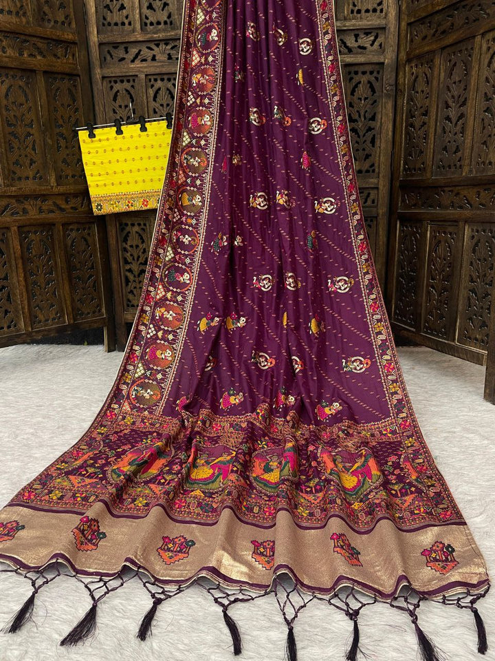 ✨ Elegant Soft Silk Wine Saree with Pashmina Work &amp; Contrast Blouse ✨
