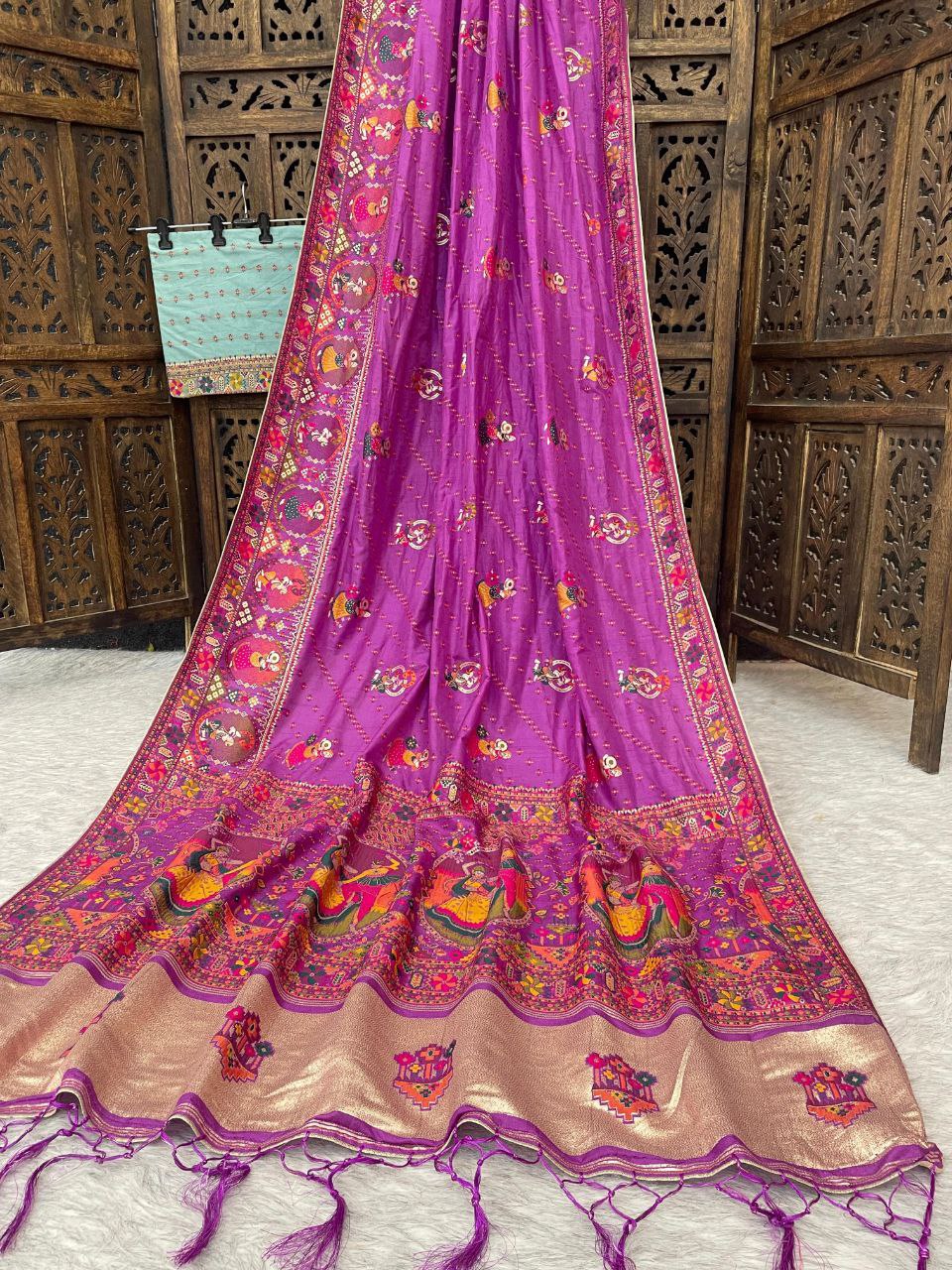 ✨ Elegant Soft Silk Purple Saree with Pashmina Work &amp; Contrast Blouse ✨