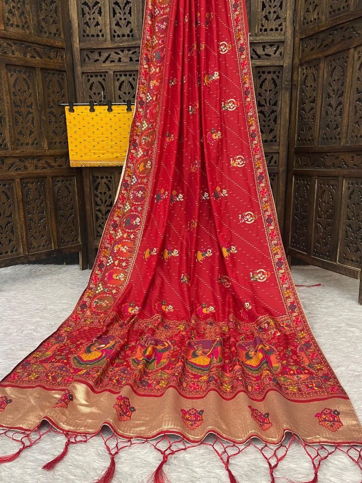 ✨ Elegant Soft Silk Red Saree with Pashmina Work &amp; Contrast Blouse ✨