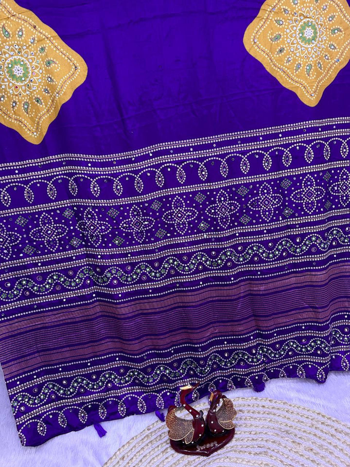 Ajarakh Mirror Elegance Soft Satin Crepe Designer Saree-ROYAL BLUE
