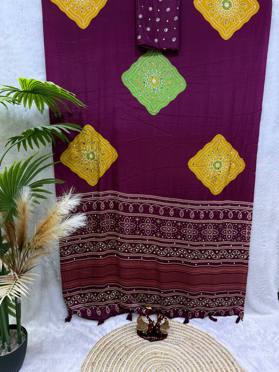 Ajarakh Mirror Elegance Soft Satin Crepe Designer Saree-WINE