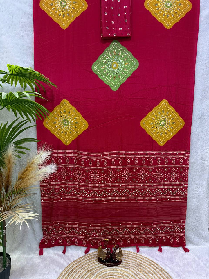 Ajarakh Mirror Elegance Soft Satin Crepe Designer Saree-RED