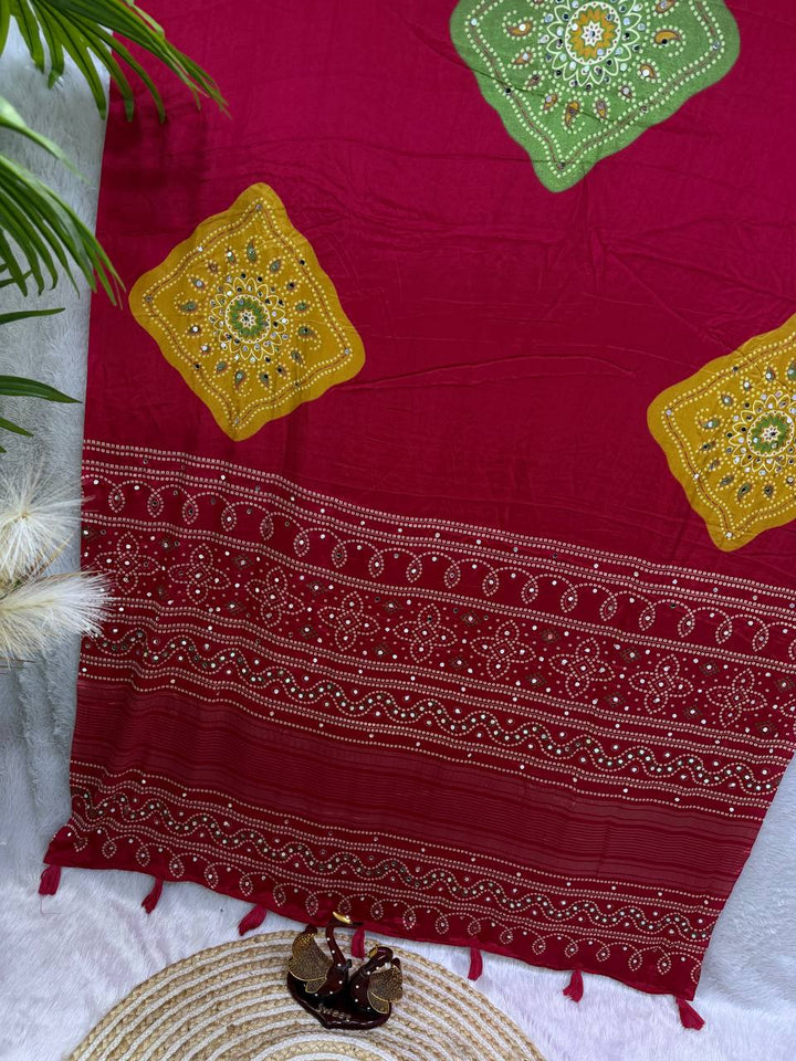 Ajarakh Mirror Elegance Soft Satin Crepe Designer Saree-RED