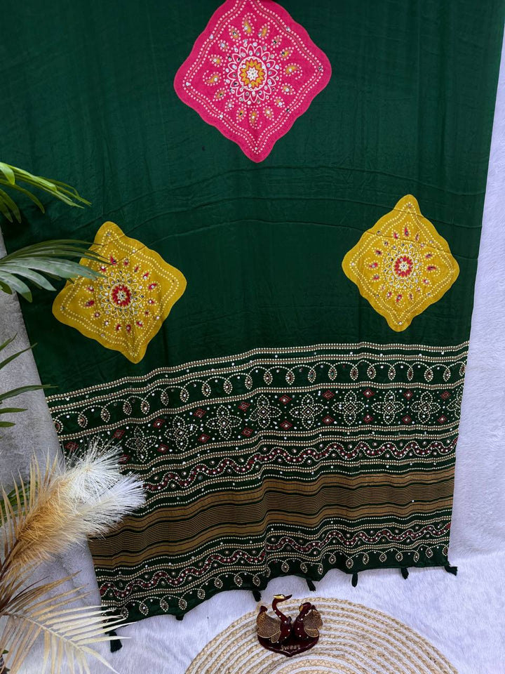 Ajarakh Mirror Elegance Soft Satin Crepe Designer Saree-GREEN