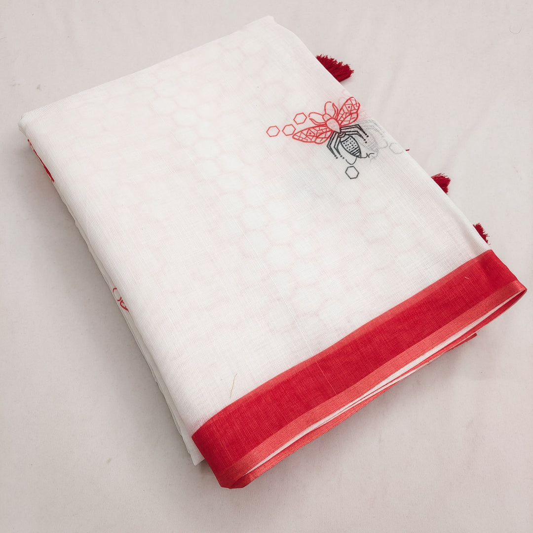 Elegant Soft Linen Cotton Titly Printed Saree with Tassel Pallu