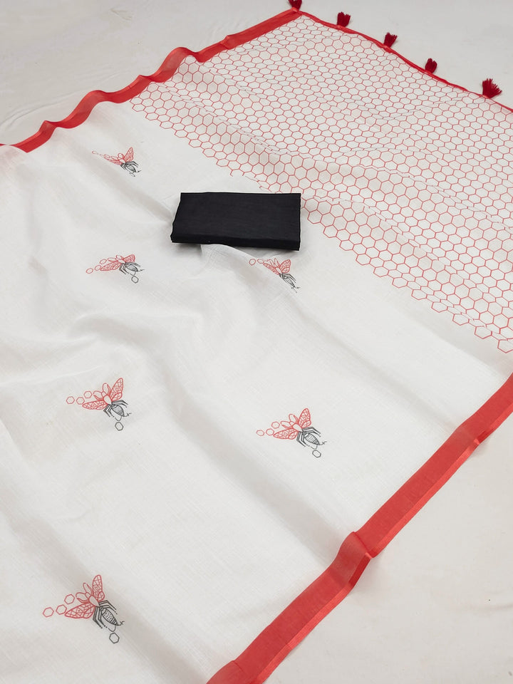 Elegant Soft Linen Cotton Titly Printed Saree with Tassel Pallu