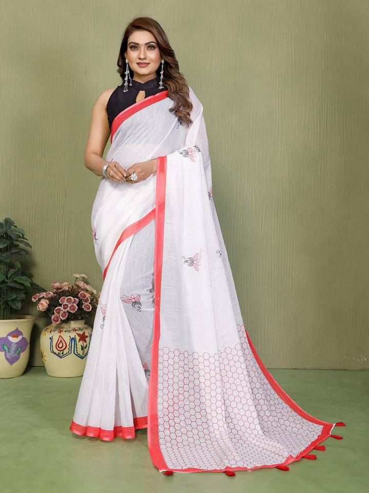 Elegant Soft Linen Cotton Titly Printed Saree with Tassel Pallu