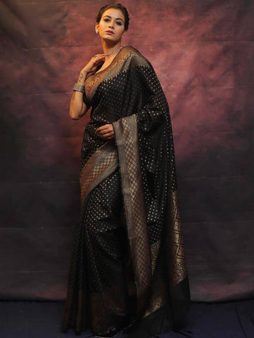 Striped Bollywood Jacquard, Pure Silk Saree  (Black)