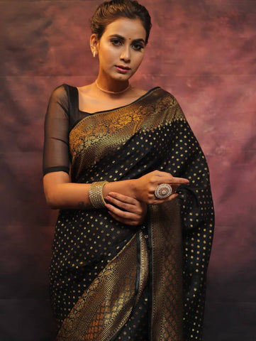 Striped Bollywood Jacquard, Pure Silk Saree  (Black)