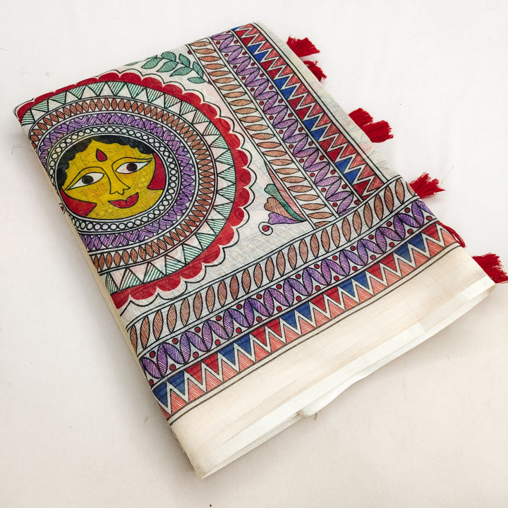 Handpainted Madhubani Face Art Linen Saree with Red Blouse