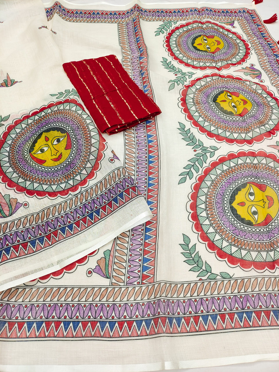 Handpainted Madhubani Face Art Linen Saree with Red Blouse