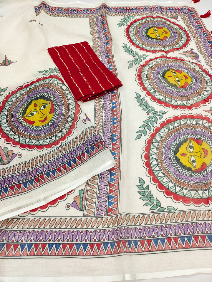 Handpainted Madhubani Face Art Linen Saree with Red Blouse