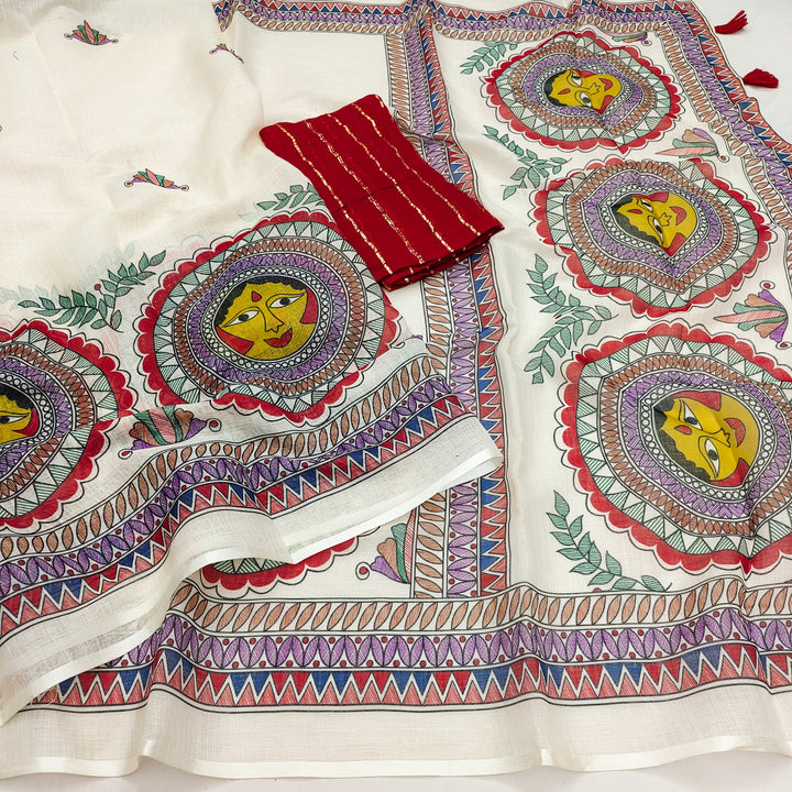 Handpainted Madhubani Face Art Linen Saree with Red Blouse