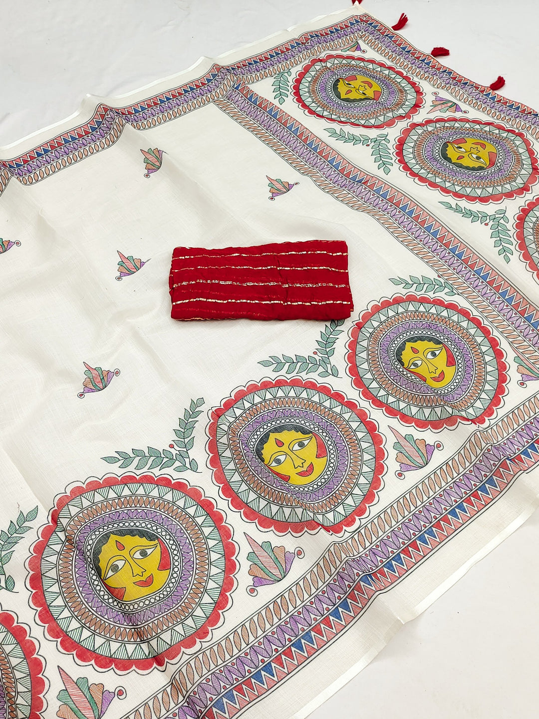 Handpainted Madhubani Face Art Linen Saree with Red Blouse