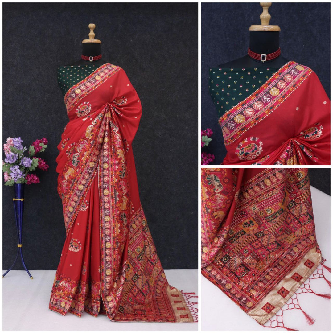 Ethnic Jacquard Silk Saree with Elephant Border  RED
