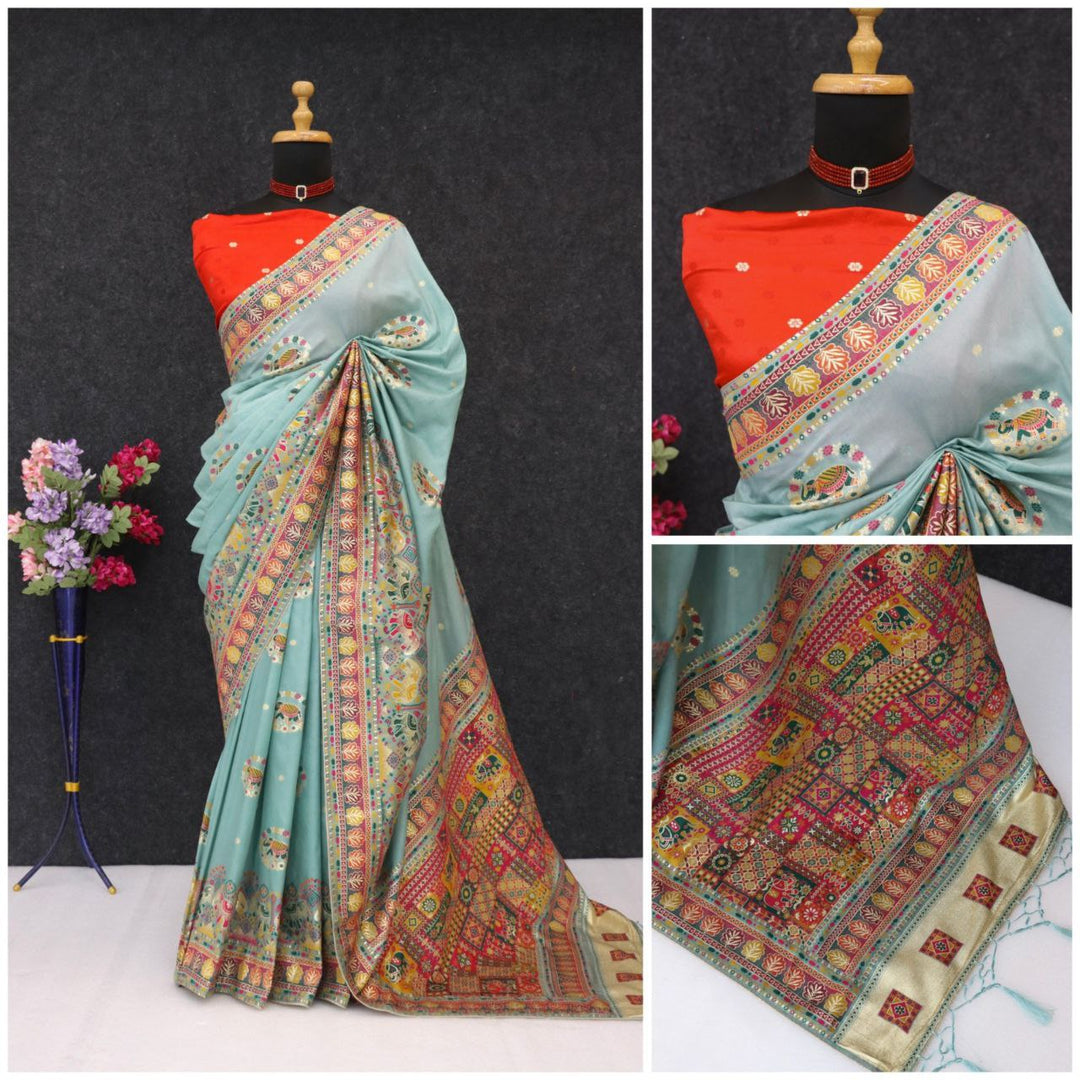 Ethnic Jacquard Silk Saree with Elephant Border  SKY