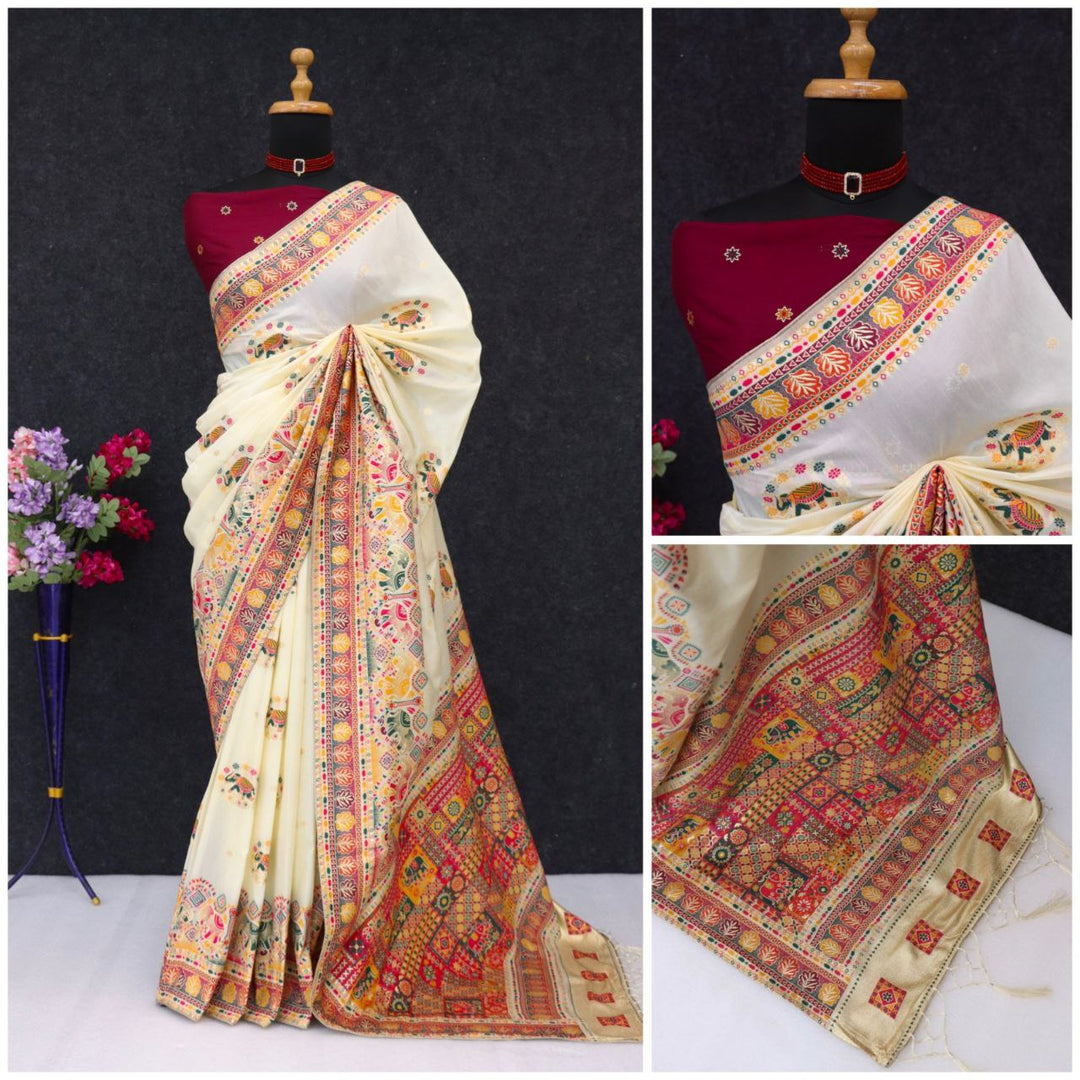 Ethnic Jacquard Silk Saree with Elephant Border  WHITE