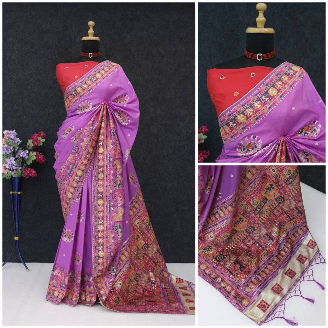 Ethnic Jacquard Silk Saree with Elephant Border   LIGHT PINK