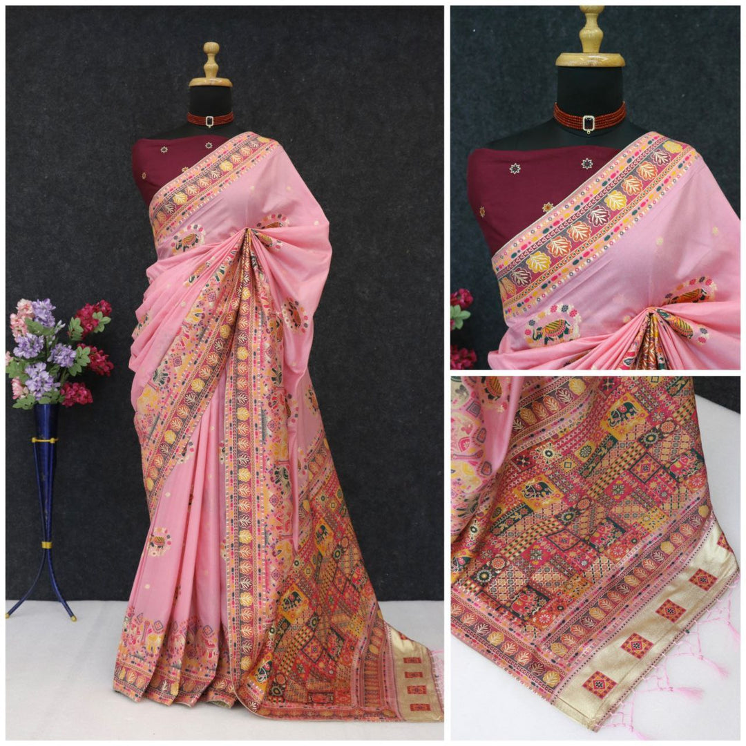 Ethnic Jacquard Silk Saree with Elephant Border PINK