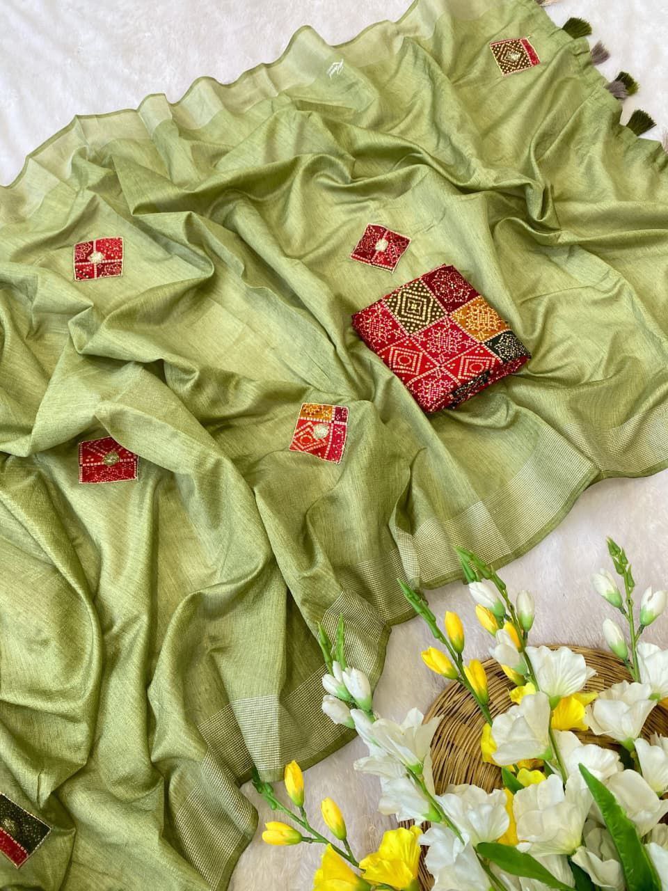 Elegant Cotton Bandhani Saree with Handmade Butta Work &amp; Sequin Detailing - PERROT