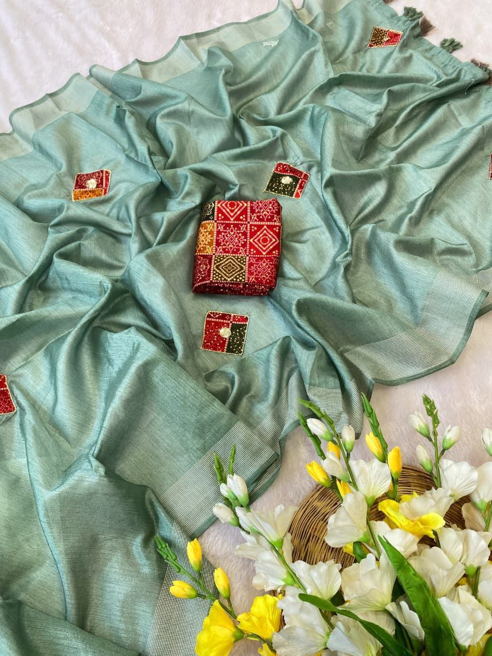 Elegant Cotton Bandhani Saree with Handmade Butta Work &amp; Sequin Detailing - GREEN