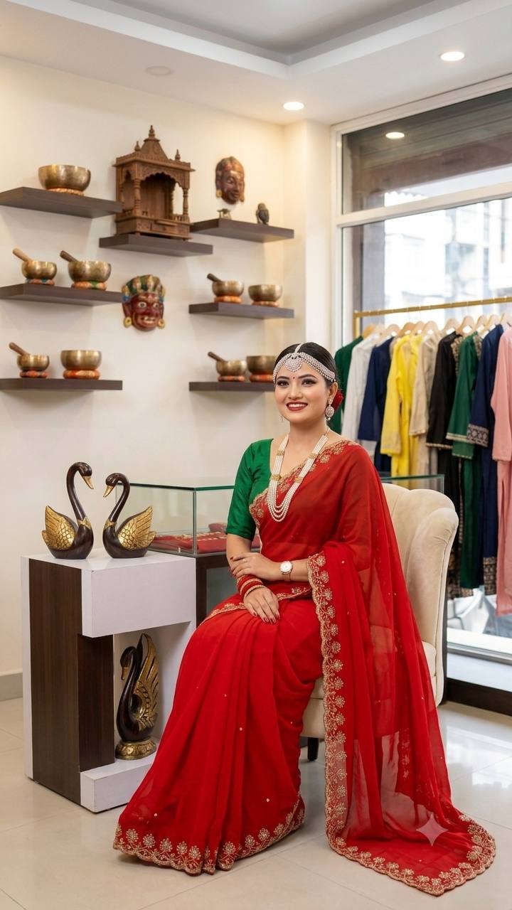 Elegant Red Soft Georgette Sequins Embroidered Designer Saree with Scallop Border