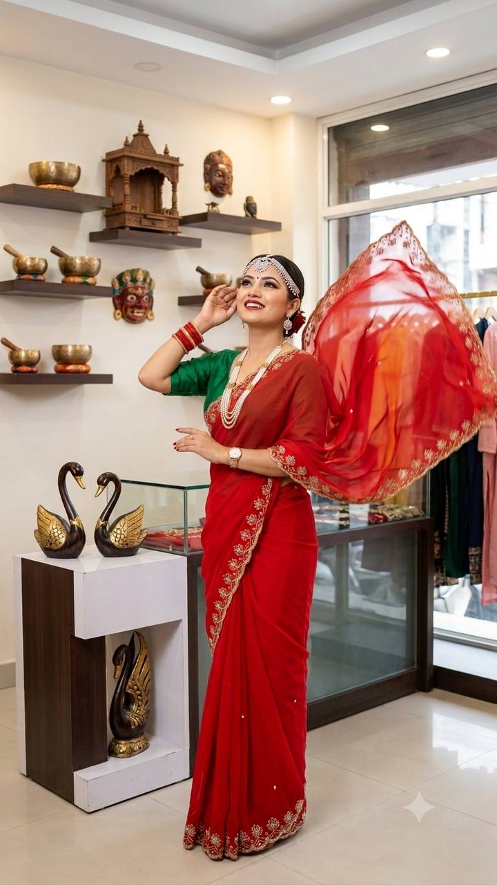 Elegant Red Soft Georgette Sequins Embroidered Designer Saree with Scallop Border